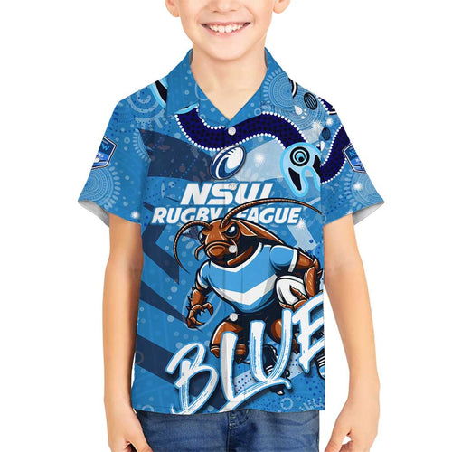Personalized NSW Rugby League Family Matching Long Sleeve Bodycon Dress and Hawaiian Shirt Blues Mascot Indigenous