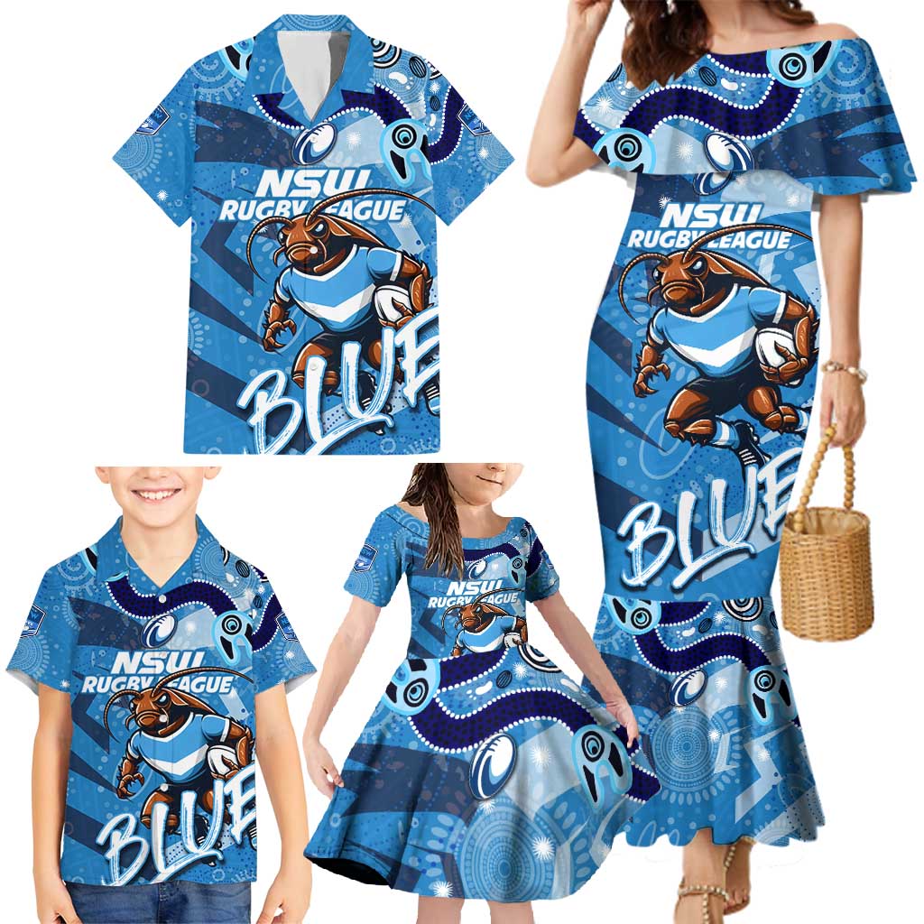 Personalized NSW Rugby League Family Matching Mermaid Dress and Hawaiian Shirt Blues Mascot Indigenous