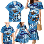 Personalized NSW Rugby League Family Matching Mermaid Dress and Hawaiian Shirt Blues Mascot Indigenous
