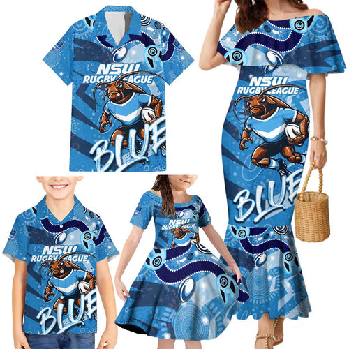 Personalized NSW Rugby League Family Matching Mermaid Dress and Hawaiian Shirt Blues Mascot Indigenous
