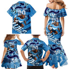 Personalized NSW Rugby League Family Matching Mermaid Dress and Hawaiian Shirt Blues Mascot Indigenous