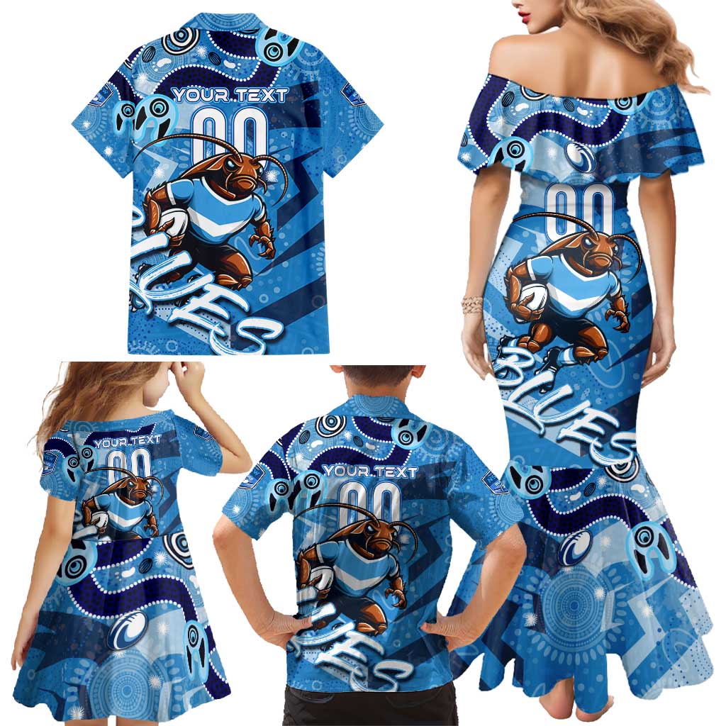 Personalized NSW Rugby League Family Matching Mermaid Dress and Hawaiian Shirt Blues Mascot Indigenous