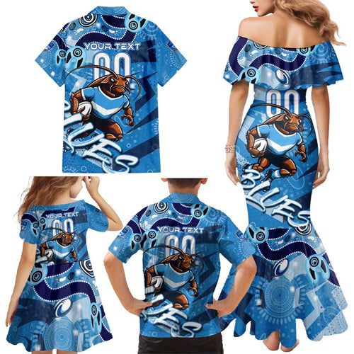 Personalized NSW Rugby League Family Matching Mermaid Dress and Hawaiian Shirt Blues Mascot Indigenous