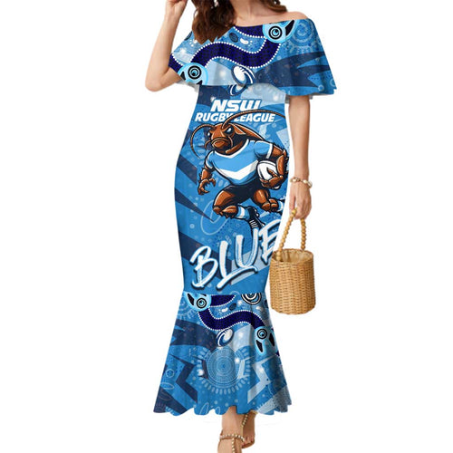 Personalized NSW Rugby League Family Matching Mermaid Dress and Hawaiian Shirt Blues Mascot Indigenous