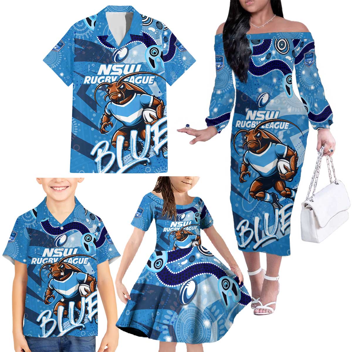 Personalized NSW Rugby League Family Matching Off The Shoulder Long Sleeve Dress and Hawaiian Shirt Blues Mascot Indigenous