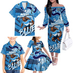 Personalized NSW Rugby League Family Matching Off The Shoulder Long Sleeve Dress and Hawaiian Shirt Blues Mascot Indigenous