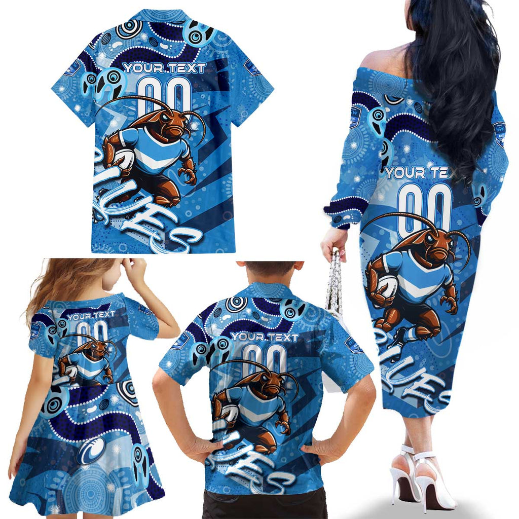 Personalized NSW Rugby League Family Matching Off The Shoulder Long Sleeve Dress and Hawaiian Shirt Blues Mascot Indigenous