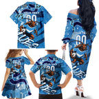 Personalized NSW Rugby League Family Matching Off The Shoulder Long Sleeve Dress and Hawaiian Shirt Blues Mascot Indigenous