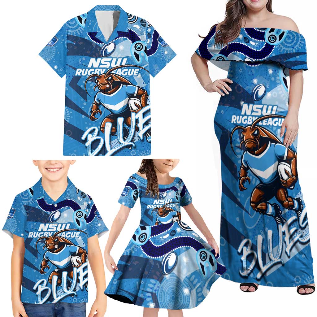 Personalized NSW Rugby League Family Matching Off Shoulder Maxi Dress and Hawaiian Shirt Blues Mascot Indigenous