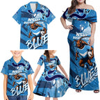 Personalized NSW Rugby League Family Matching Off Shoulder Maxi Dress and Hawaiian Shirt Blues Mascot Indigenous