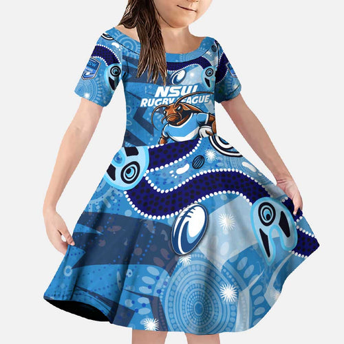 Personalized NSW Rugby League Family Matching Off Shoulder Maxi Dress and Hawaiian Shirt Blues Mascot Indigenous