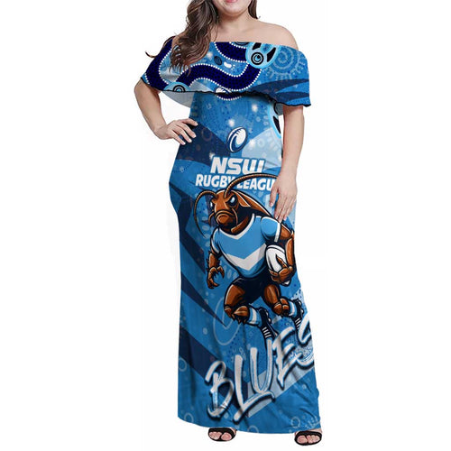 Personalized NSW Rugby League Family Matching Off Shoulder Maxi Dress and Hawaiian Shirt Blues Mascot Indigenous