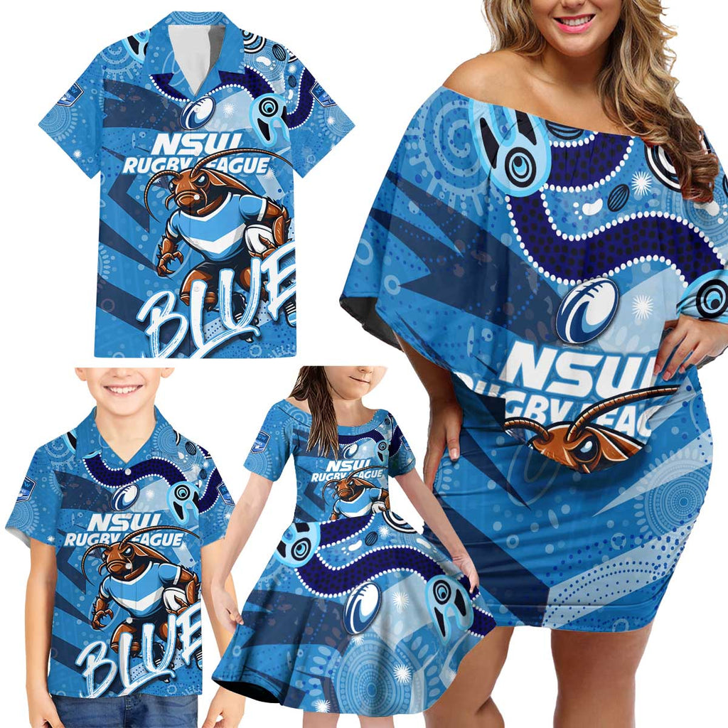 Personalized NSW Rugby League Family Matching Off Shoulder Short Dress and Hawaiian Shirt Blues Mascot Indigenous