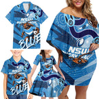 Personalized NSW Rugby League Family Matching Off Shoulder Short Dress and Hawaiian Shirt Blues Mascot Indigenous