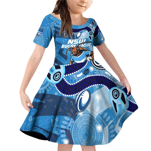 Personalized NSW Rugby League Family Matching Off Shoulder Short Dress and Hawaiian Shirt Blues Mascot Indigenous