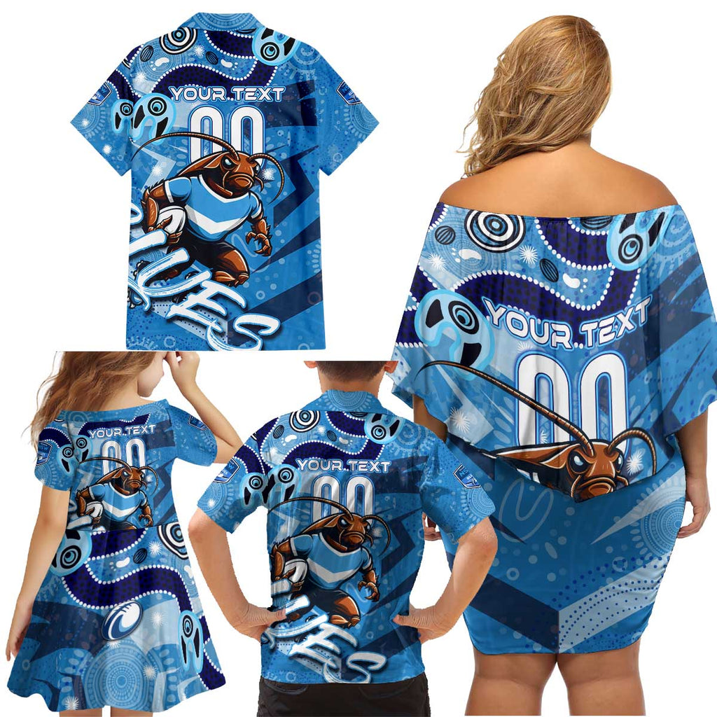 Personalized NSW Rugby League Family Matching Off Shoulder Short Dress and Hawaiian Shirt Blues Mascot Indigenous