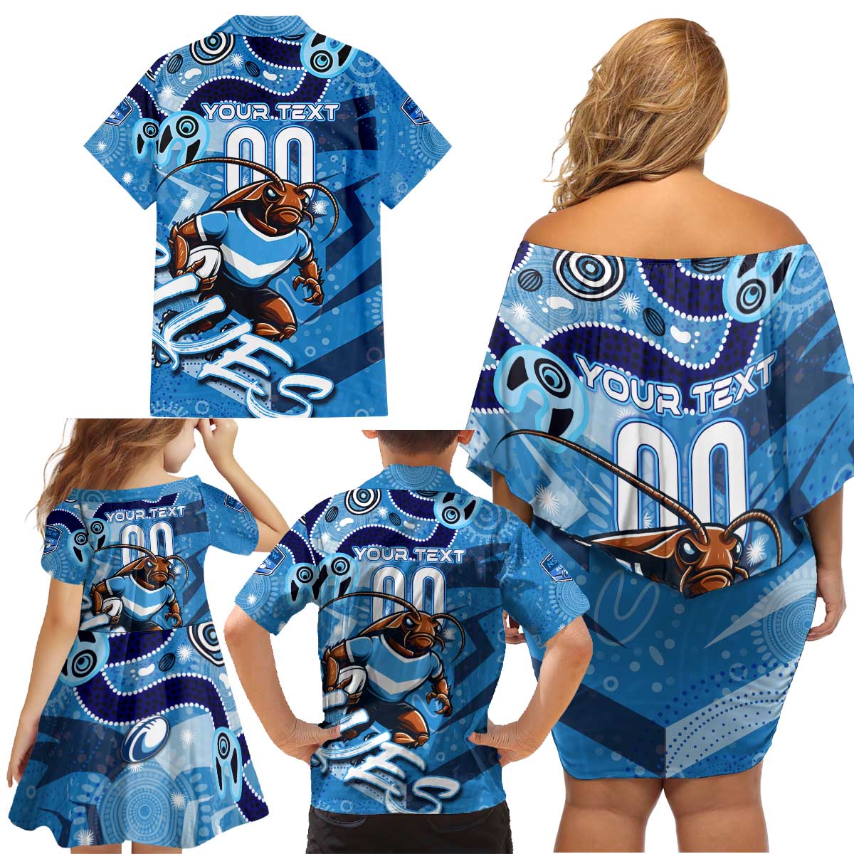 Personalized NSW Rugby League Family Matching Off Shoulder Short Dress and Hawaiian Shirt Blues Mascot Indigenous