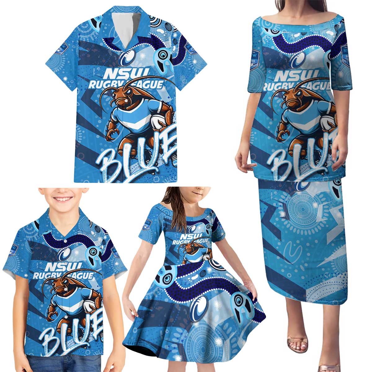 Personalized NSW Rugby League Family Matching Puletasi and Hawaiian Shirt Blues Mascot Indigenous