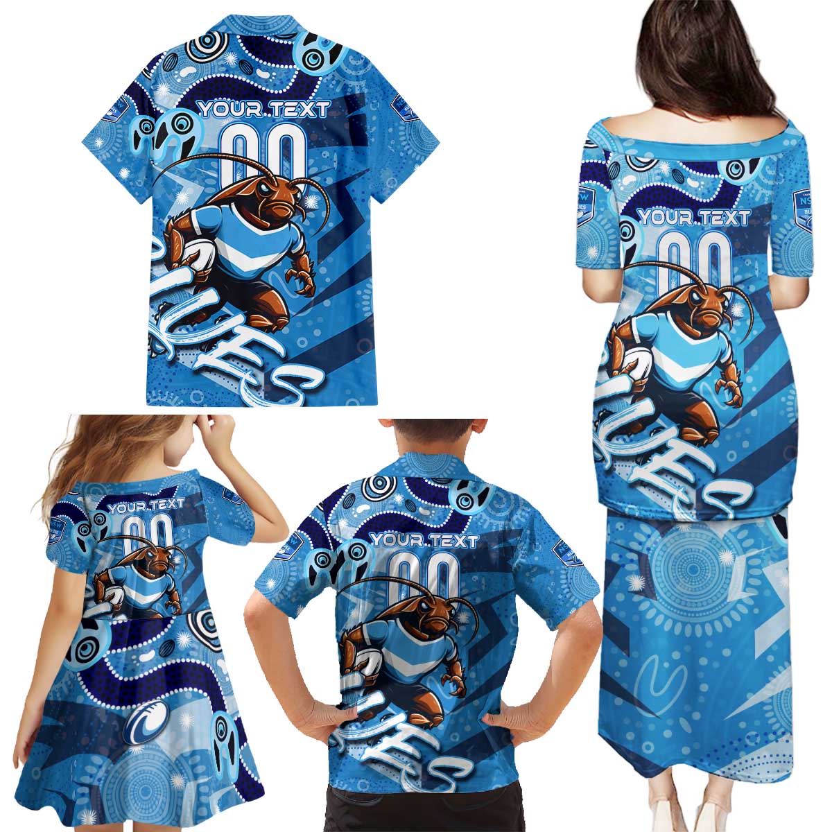 Personalized NSW Rugby League Family Matching Puletasi and Hawaiian Shirt Blues Mascot Indigenous