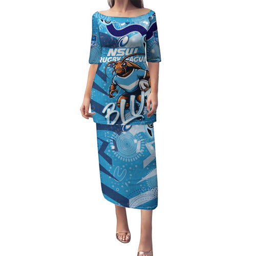 Personalized NSW Rugby League Family Matching Puletasi and Hawaiian Shirt Blues Mascot Indigenous