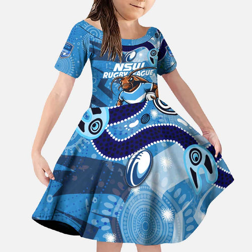 Personalized NSW Rugby League Family Matching Short Sleeve Bodycon Dress and Hawaiian Shirt Blues Mascot Indigenous