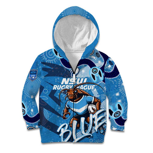 Personalized NSW Rugby League Kid Hoodie Blues Mascot Indigenous