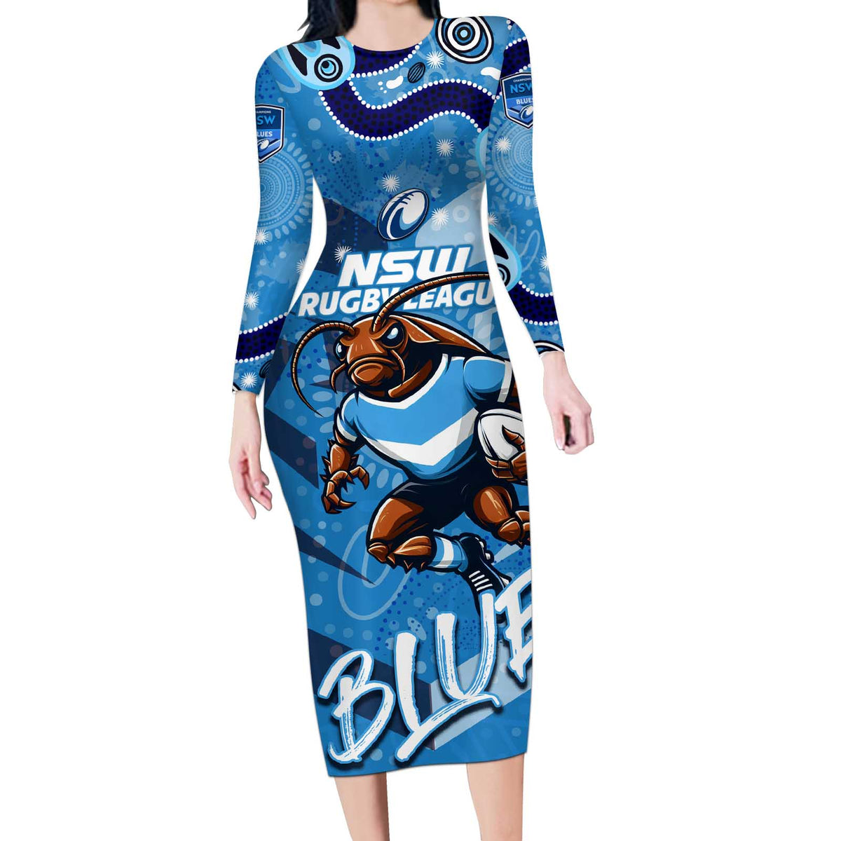 Personalized NSW Rugby League Long Sleeve Bodycon Dress Blues Mascot Indigenous
