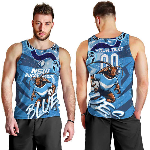 Personalized NSW Rugby League Men Tank Top Blues Mascot Indigenous
