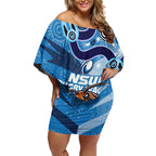 Personalized NSW Rugby League Off Shoulder Short Dress Blues Mascot Indigenous