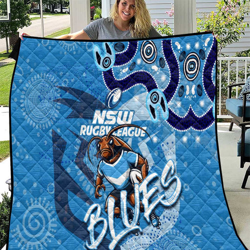 Personalized NSW Rugby League Quilt Blues Mascot Indigenous