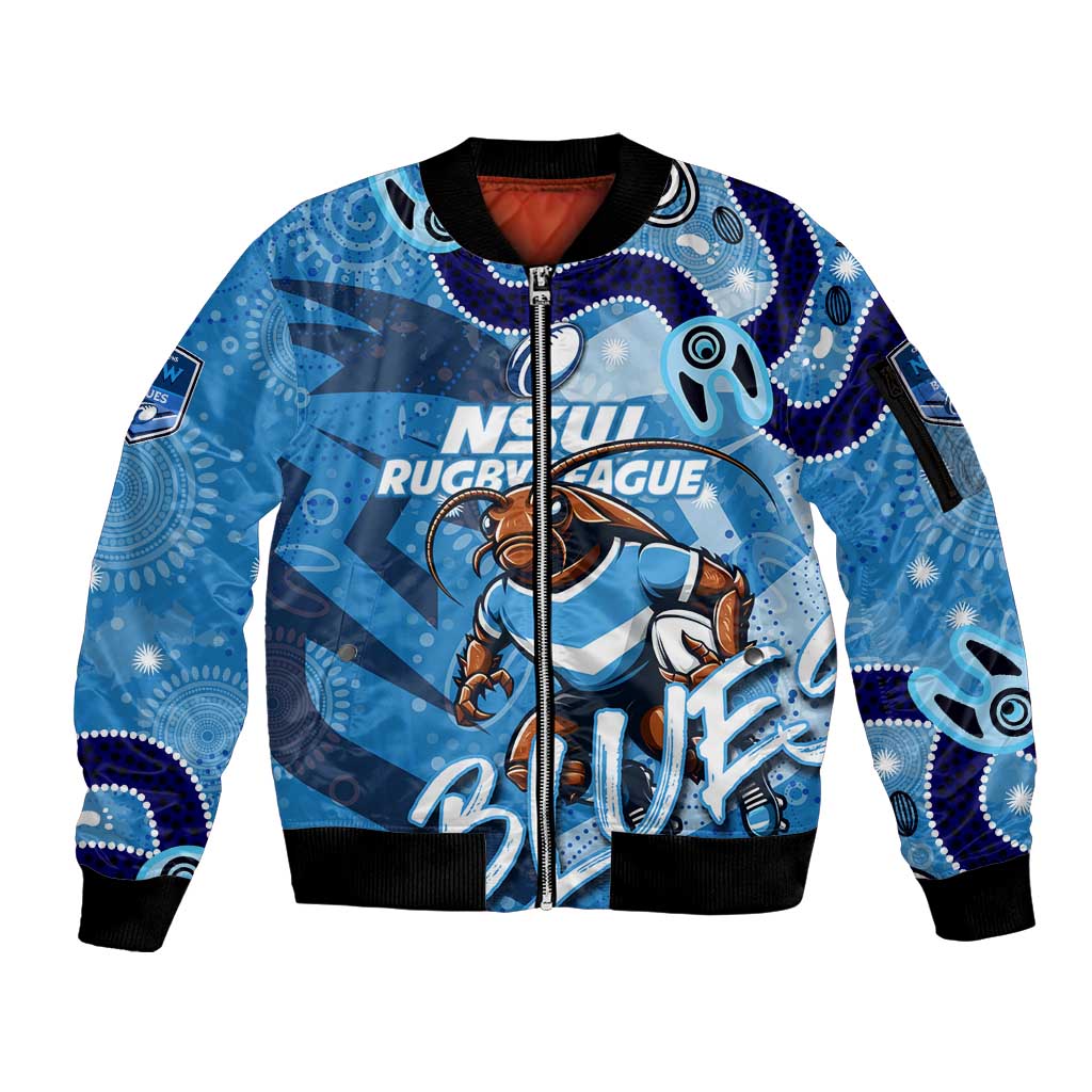 Personalized NSW Rugby League Sleeve Zip Bomber Jacket Blues Mascot Indigenous
