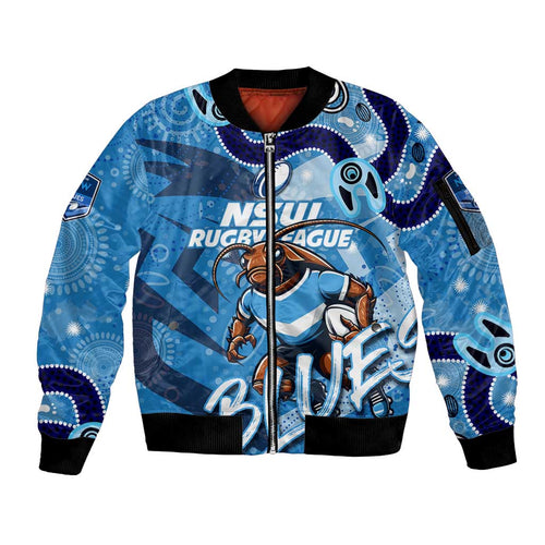 Personalized NSW Rugby League Sleeve Zip Bomber Jacket Blues Mascot Indigenous