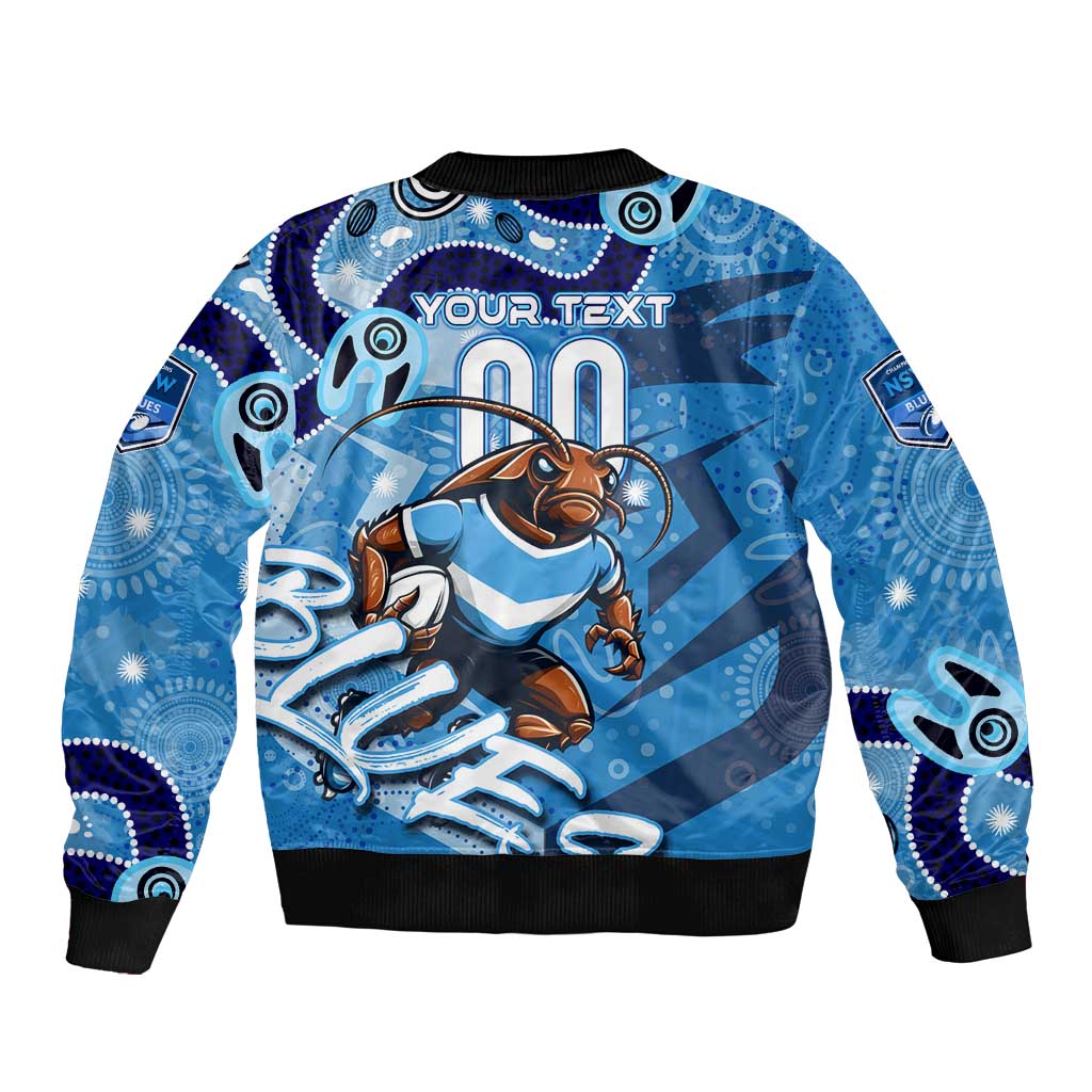 Personalized NSW Rugby League Sleeve Zip Bomber Jacket Blues Mascot Indigenous