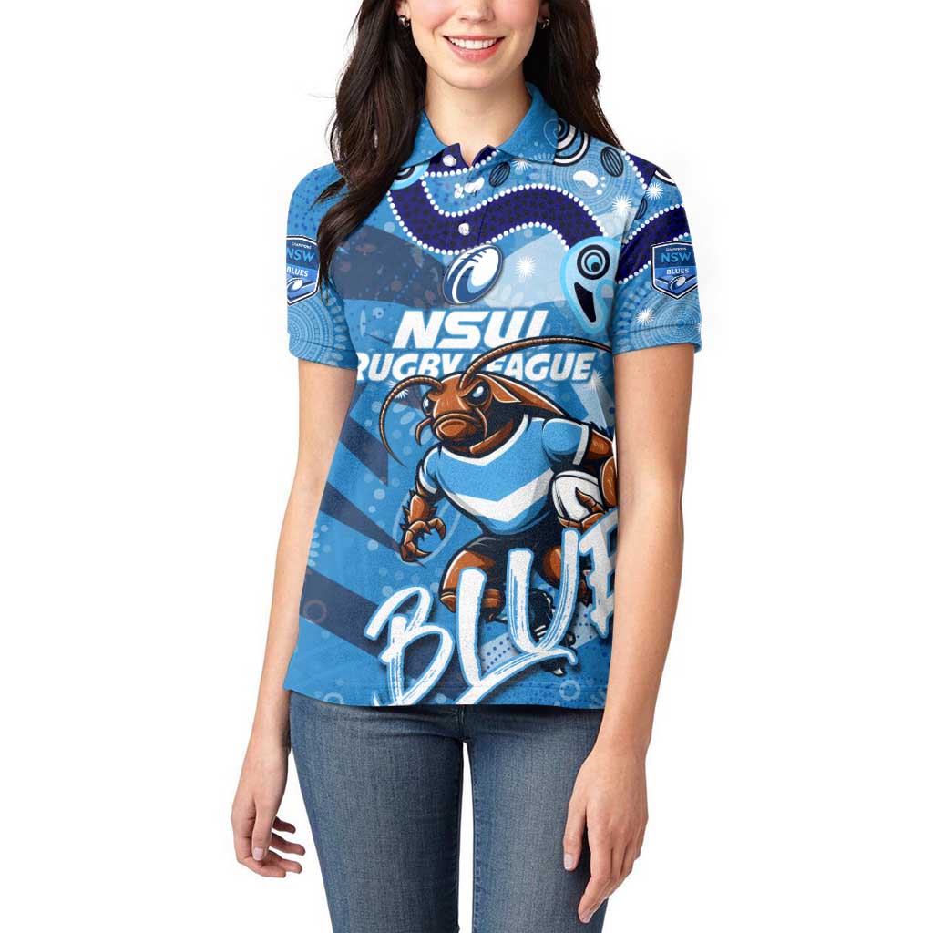 Personalized NSW Rugby League Women Polo Shirt Blues Mascot Indigenous