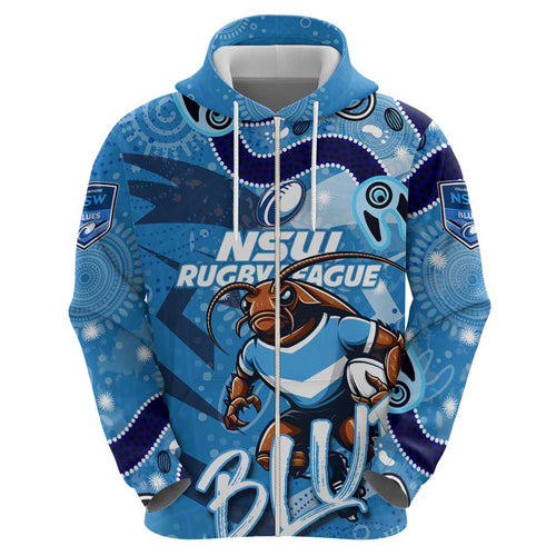 Personalized NSW Rugby League Zip Hoodie Blues Mascot Indigenous