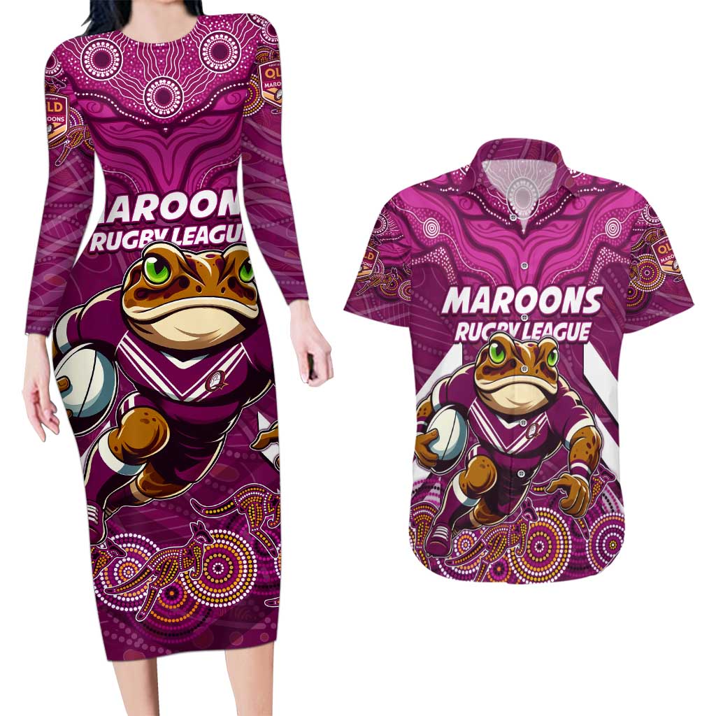 Custom Maroons Cane Toad Couples Matching Long Sleeve Bodycon Dress and Hawaiian Shirt Queensland Rugby