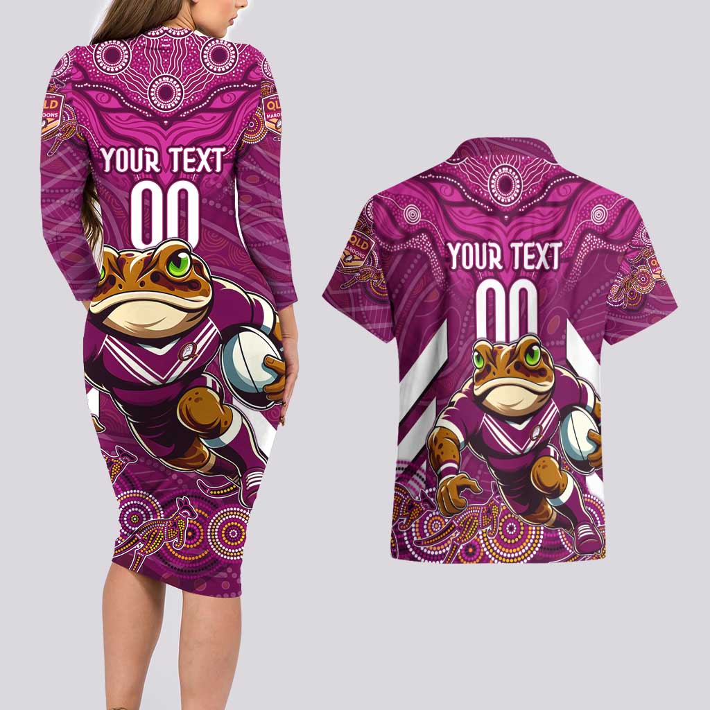 Custom Maroons Cane Toad Couples Matching Long Sleeve Bodycon Dress and Hawaiian Shirt Queensland Rugby
