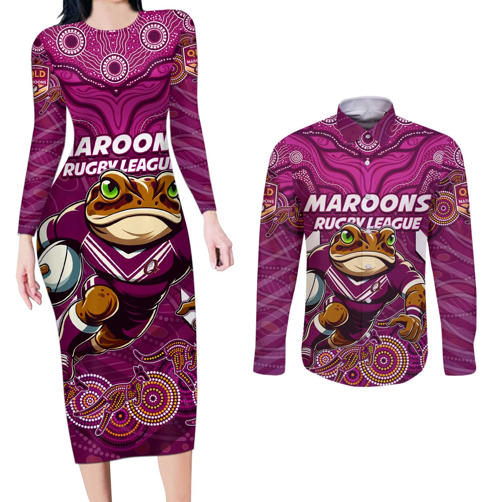 Custom Maroons Cane Toad Couples Matching Long Sleeve Bodycon Dress and Long Sleeve Button Shirt Queensland Rugby