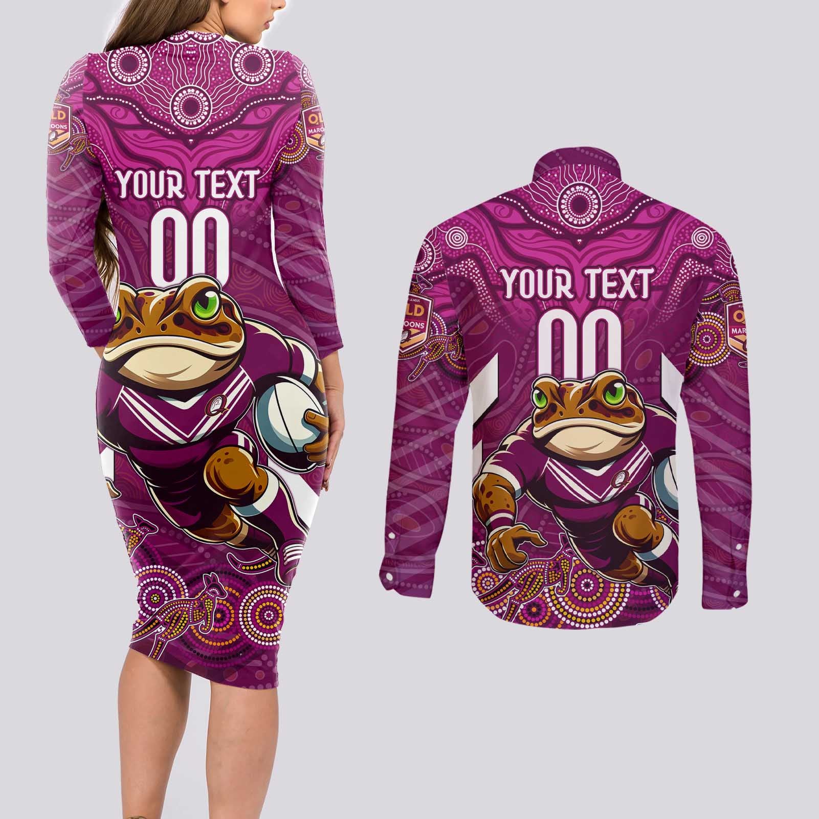 Custom Maroons Cane Toad Couples Matching Long Sleeve Bodycon Dress and Long Sleeve Button Shirt Queensland Rugby