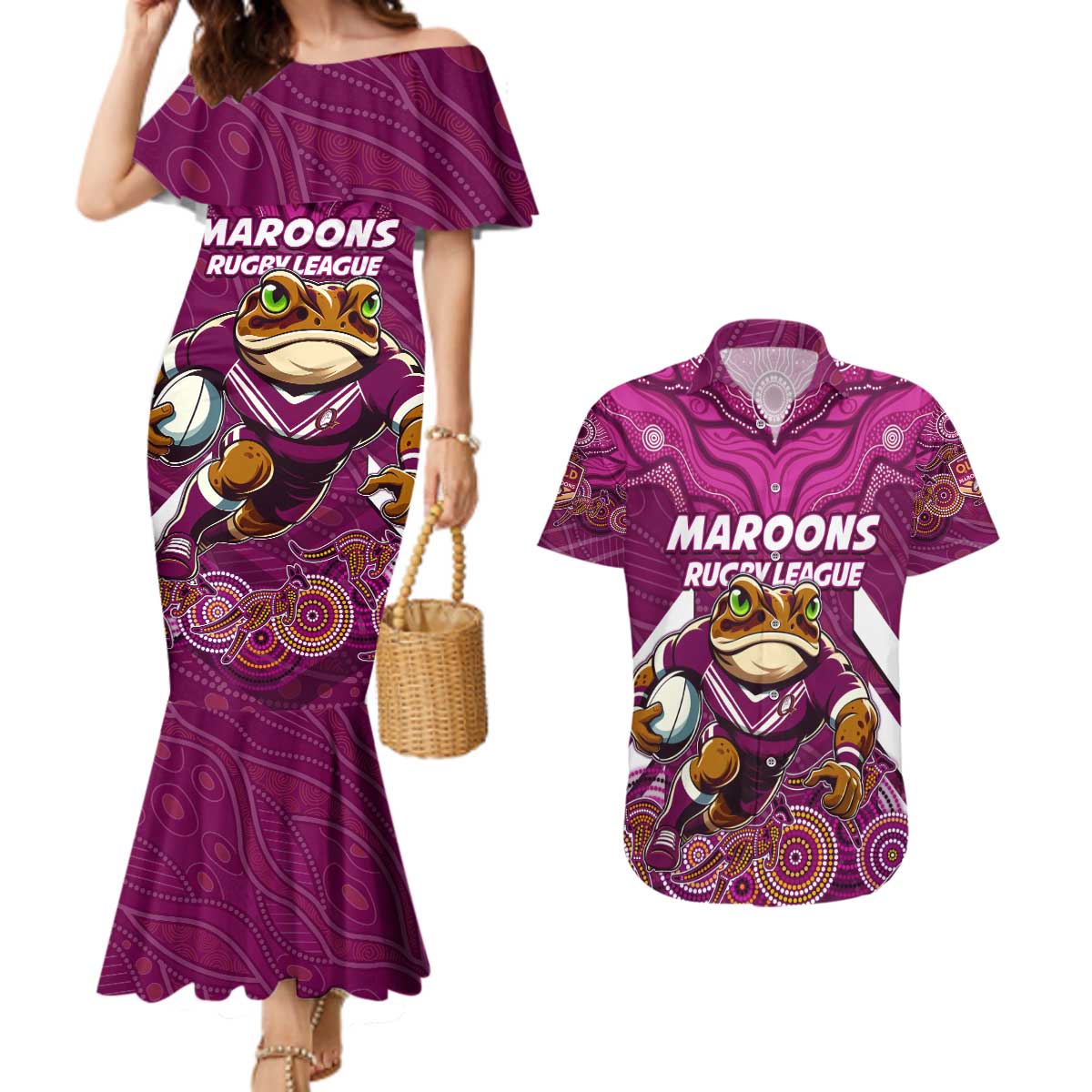 Custom Maroons Cane Toad Couples Matching Mermaid Dress and Hawaiian Shirt Queensland Rugby