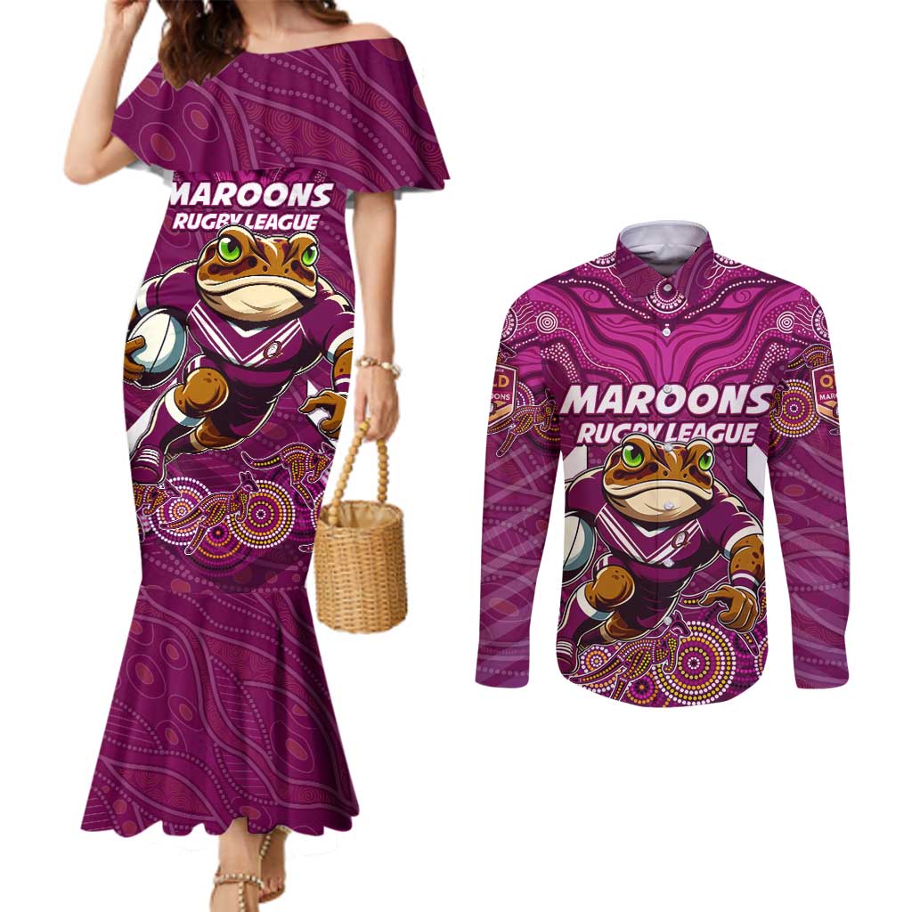 Custom Maroons Cane Toad Couples Matching Mermaid Dress and Long Sleeve Button Shirt Queensland Rugby