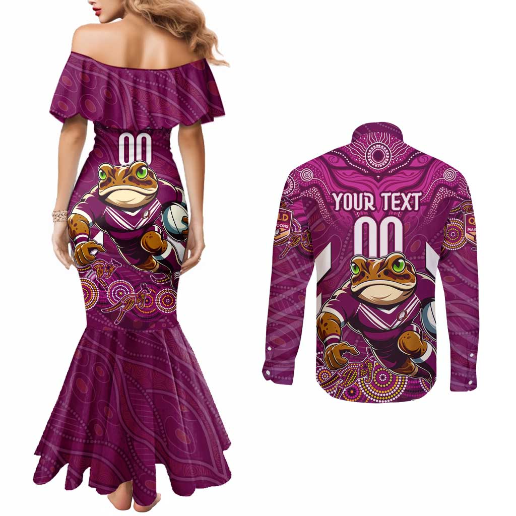 Custom Maroons Cane Toad Couples Matching Mermaid Dress and Long Sleeve Button Shirt Queensland Rugby