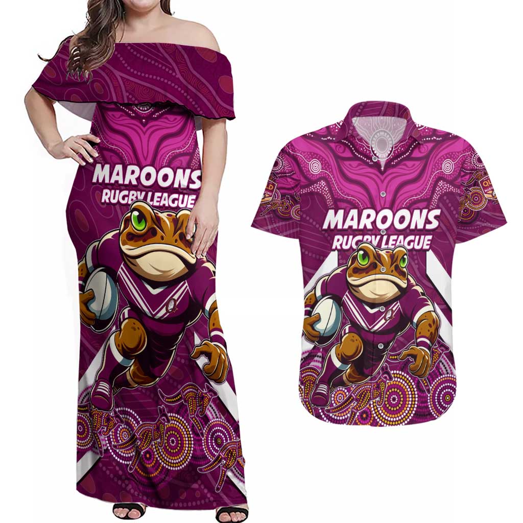 Custom Maroons Cane Toad Couples Matching Off Shoulder Maxi Dress and Hawaiian Shirt Queensland Rugby