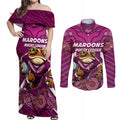 Custom Maroons Cane Toad Couples Matching Off Shoulder Maxi Dress and Long Sleeve Button Shirt Queensland Rugby