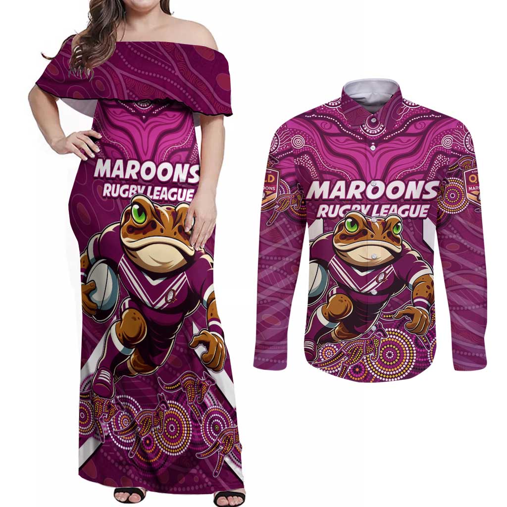 Custom Maroons Cane Toad Couples Matching Off Shoulder Maxi Dress and Long Sleeve Button Shirt Queensland Rugby