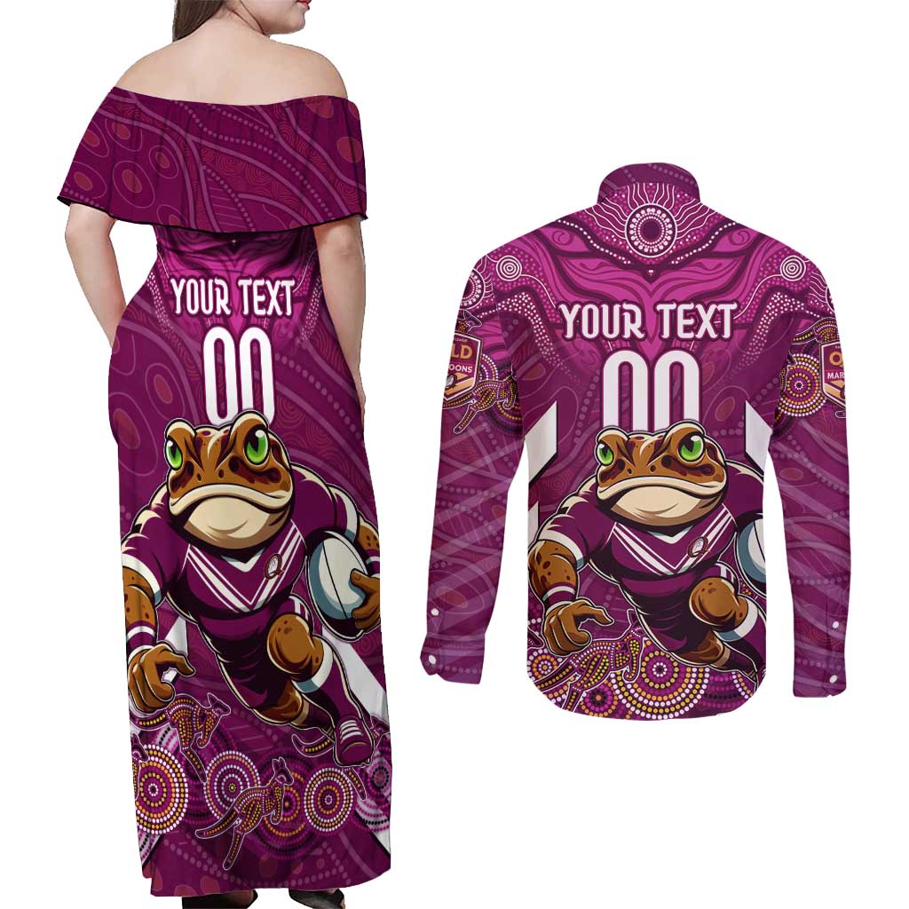 Custom Maroons Cane Toad Couples Matching Off Shoulder Maxi Dress and Long Sleeve Button Shirt Queensland Rugby