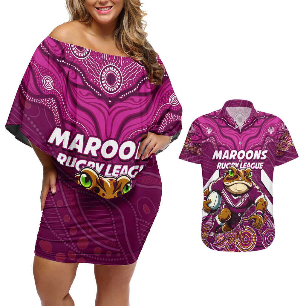 Custom Maroons Cane Toad Couples Matching Off Shoulder Short Dress and Hawaiian Shirt Queensland Rugby
