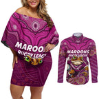 Custom Maroons Cane Toad Couples Matching Off Shoulder Short Dress and Long Sleeve Button Shirt Queensland Rugby