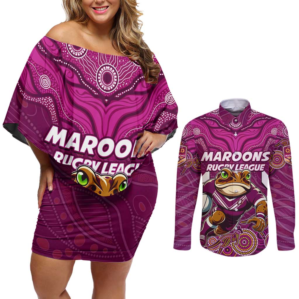 Custom Maroons Cane Toad Couples Matching Off Shoulder Short Dress and Long Sleeve Button Shirt Queensland Rugby