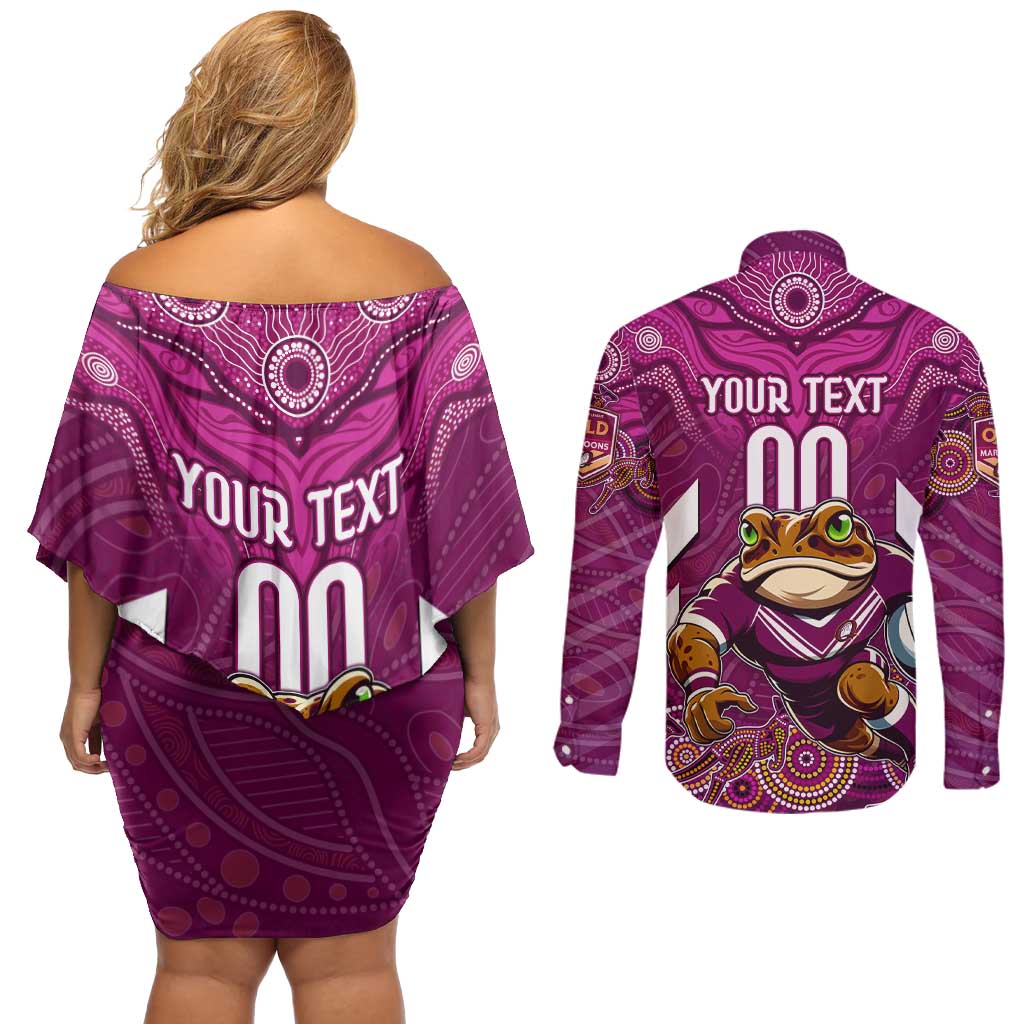Custom Maroons Cane Toad Couples Matching Off Shoulder Short Dress and Long Sleeve Button Shirt Queensland Rugby